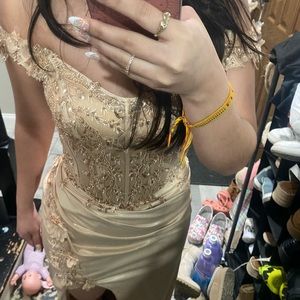 gold corset off shoulder satin prom dress